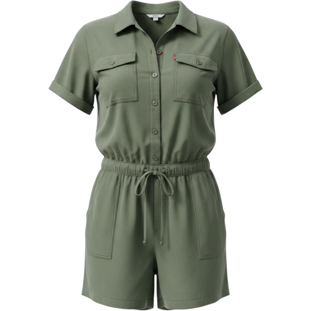 EV1 Women Olive Green Utility Romper Button Up Drawstring Waist Short Sleeve NEW